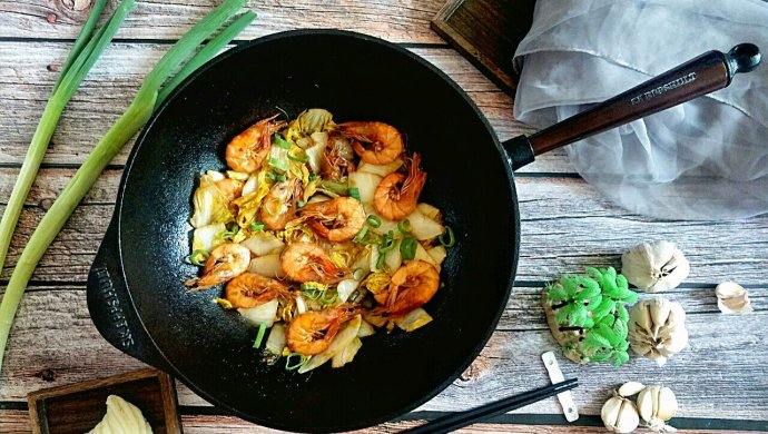 中式炒菜→铁锅鲜虾白菜